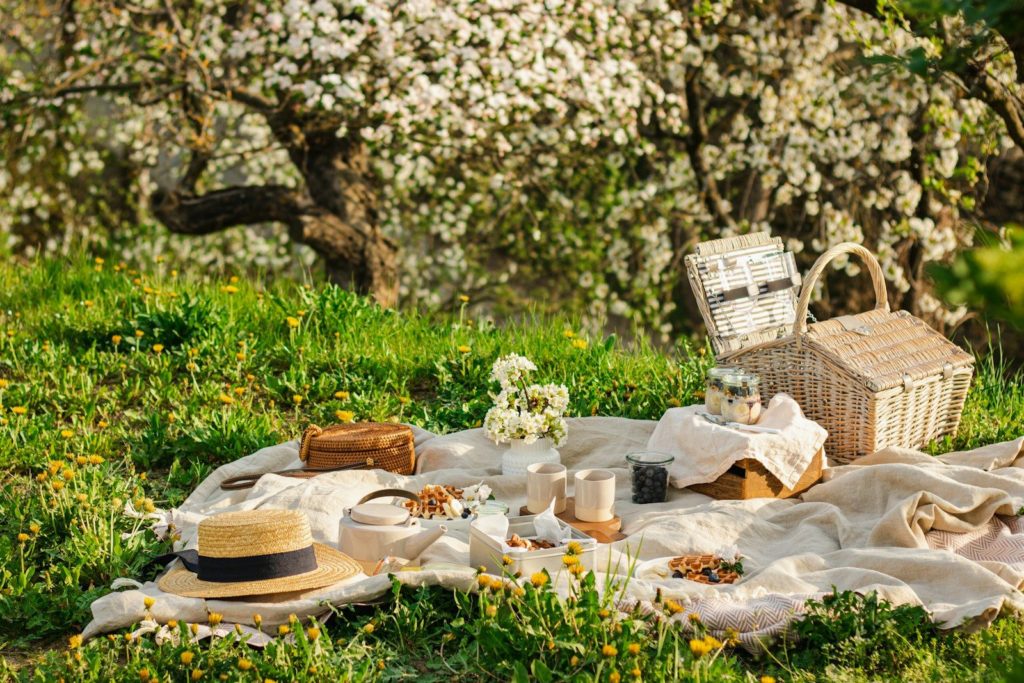 A picnic spread with waffles and berries on a blanket in a blooming orchard